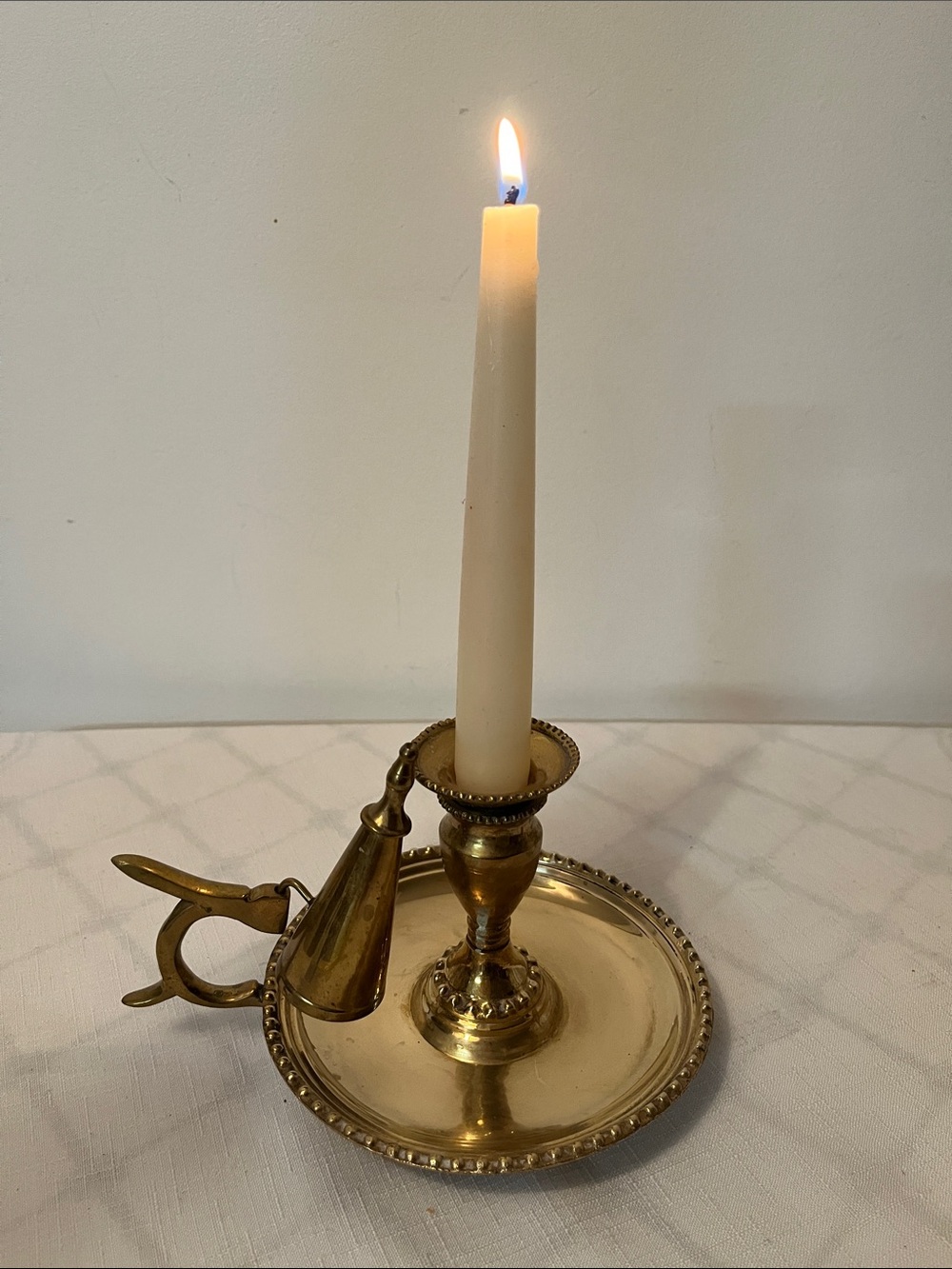 Vintage solid brass chamberstick candle holder 
drip plate rim
Conical snuffer